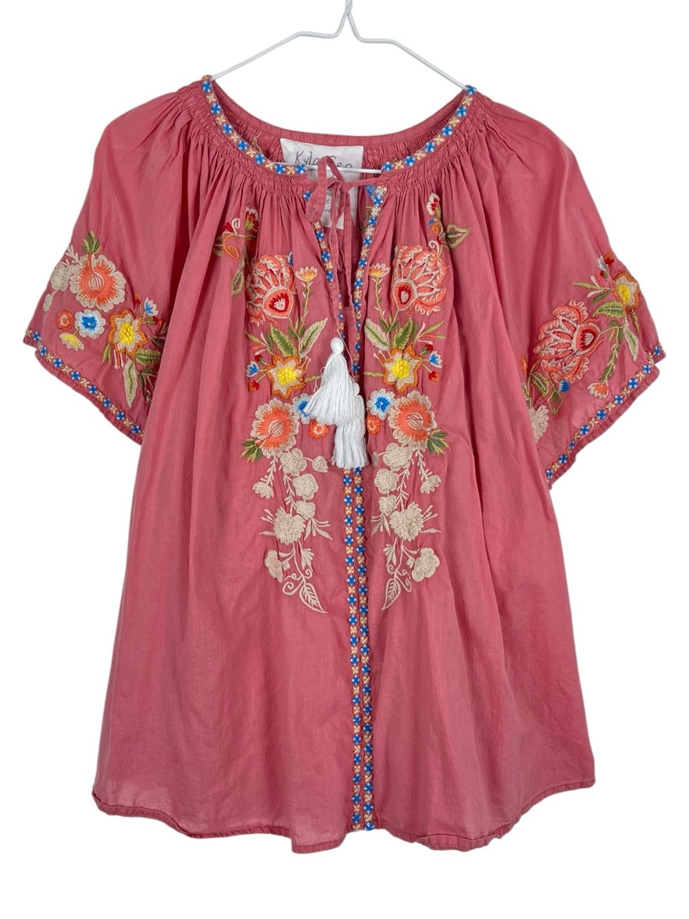 Kayla Seo Embroidered Pink Floral Tassel Tie Boho Tunic Blouse Size Large